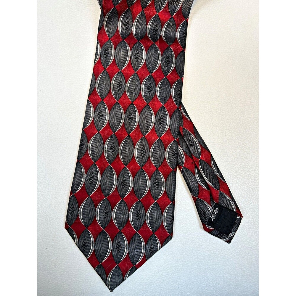 Vintage 100% Silk Woven Retro Geometric Abstract Tie Red Gray Black Handmade